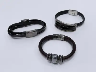 Set of Three Handmade Leather Bracelets with Magnetic Clasps, View more