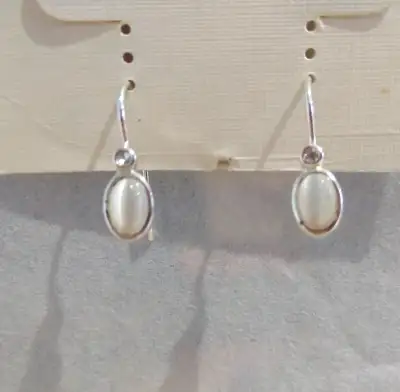 New Earrings White Cats Eye w Crystal on fish hook, View more