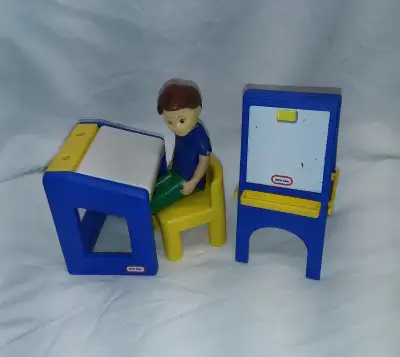 Vintage Little Tikes Dollhouse Items: Desk, Art Easel, Yellow Chair, Boy Figure MAKE CUTE CAKE TOPPE...