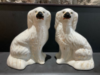  PAIR 1880's STAFFORDSHIRE SEATED WHITE & GILT SPANIEL DOGS