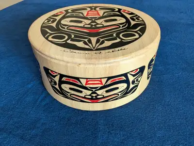 FIRST NATIONS "HAIDA" PAINTED ROUND WOOD BOX, View more