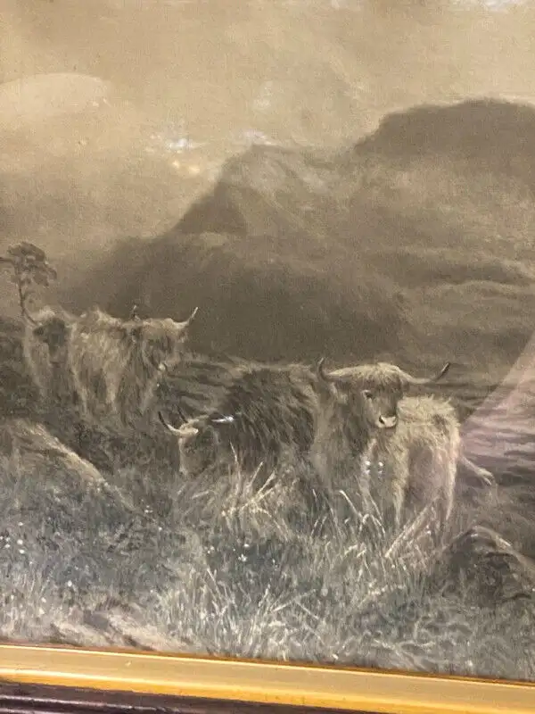 ANTIQUE WOOD  FRAME  COW BLACK AND WHITE COWS SCENE . in Arts & Collectibles in Vancouver - Image 3