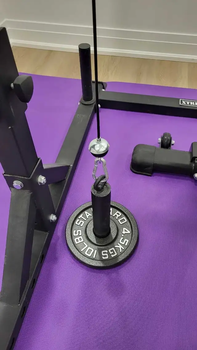 Squat rack with bar, bench, weights and pulldown attachment580123633795082244