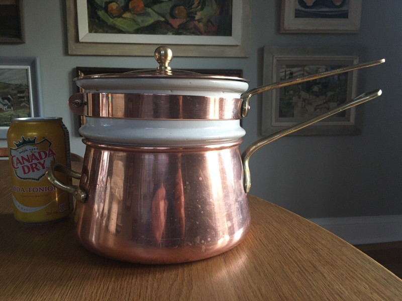 Vintage Copper Double Boiler Bain Marie 2 Qt Ceramic Insert for sale  