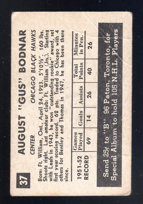 CARTE DE HOCKEY 1952-53 Parkhurst #37 Gus Bodnar in Arts & Collectibles in Thetford Mines - Image 3