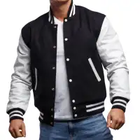 Men's Varsity Jacket with Real Leather Sleeves and Wool Body Col