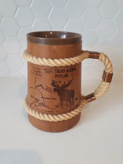 VintageTrans- Alaska Pipeline Wood souvenir Mug Rope Handle, View more