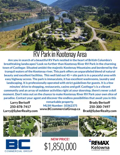Kootenay River RV Park for sale Ownership lifestyle/investment opportunity Consistently performing c...