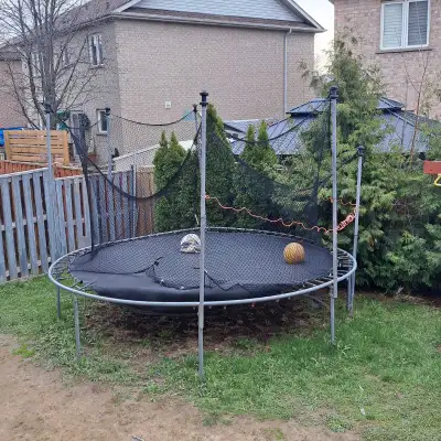 For trampolene few springs are missing OR CAN BE AS METAL SCRAP. The play set /structure minor repai...