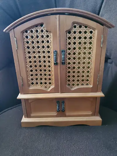 Vintage Wooden Jewelry Armoire with Woven Panels # I Will NOT respond to Is it available # Price is...