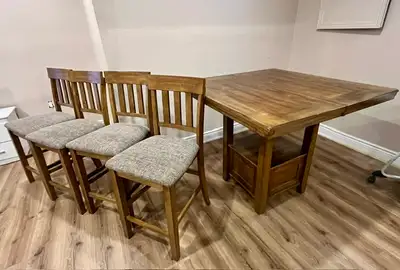 Solid wood dining table with high chairs, View more