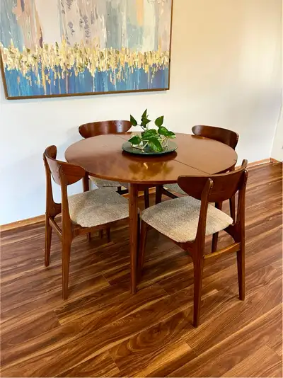 MCM Walnut Compact Extendable Dining Table And Four Chairs Set, View more