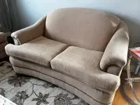 Light brown fabric couch and loveseat