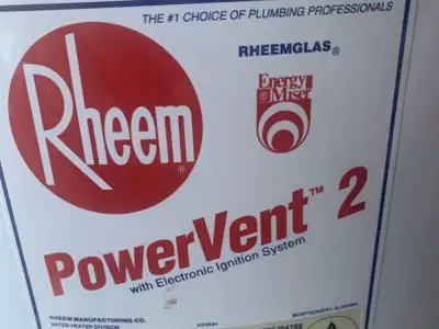 Used Rheem PVS50 hot water tank. 50 US gallons Natural Gas Power vented Serial number reads May 5 20...