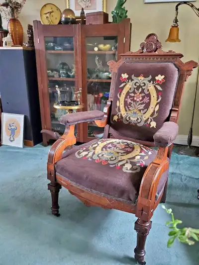 Circa 1880s with original caster wheel feet Chair measures 24" W x 21" D x 42" H Seat height is 16",...