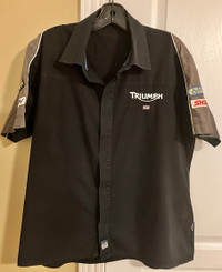 Triumph Motorcycle Short Sleeve Shirt with advertising patches.