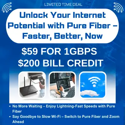 Get fast, reliable internet with this amazing unlimited fiber plan for just $59. With 1Gbps speeds,...
