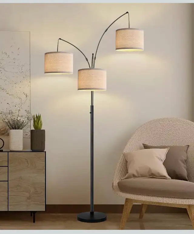 Modern 3-Light Arc Floor Lamp – Matte Black with Linen Shades in Indoor Lighting & Fans in Oshawa / Durham Region - Image 9