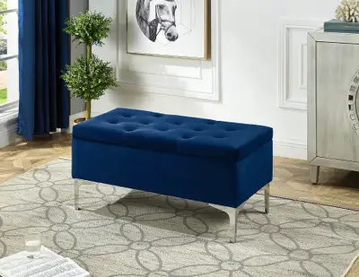 RECTANGULAR VELVET STORAGE OTTOMAN IN BLUE AND CHROME LEGS.., View more