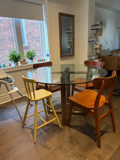cb2 glass round pedestal dining table, View more