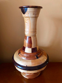 Large woodturning segmented vase or genie bottle signed 2004