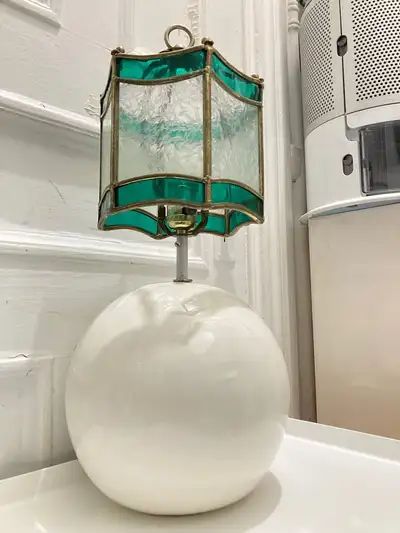 White Mid Century Ball Ceramic Table Lamp with Stain Glass $80, View more
