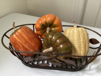 PRICE DROP! Metal Vine Leaf Basket 4 Autumn Harvest Faux Gourds