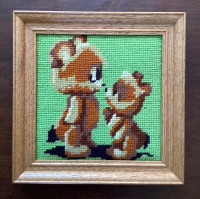 2 Framed Half Cross Stitch Needlepoint Wall Art Teddies Squirrel