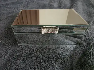 Mirrored Jewelry Box - Black Velvet interior w/ ring slots and 2 side compartments. L 8in x W 4.5in...