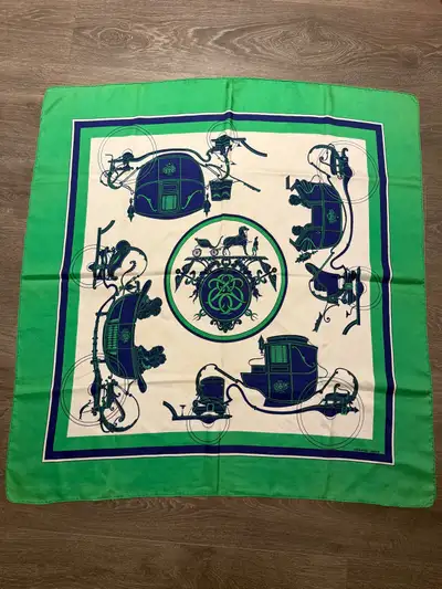 100% Authentic Hermes Scarf Silk Ex Libris Green Vintage Rear, View more