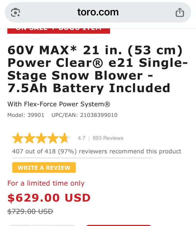 Toro 60V Max 21-inch Power Clear e21 Electric Cordless Snow Blow in Snowblowers in City of Toronto - Image 7