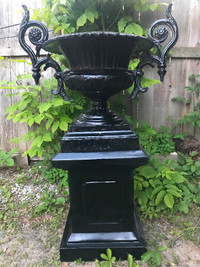Antique Victorian CAST IRON URN with ORNATE HANDLES + BASE