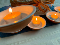 CANDLE HOLDERS x 5, white + terracotta with candles—$8