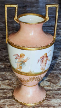 Antique Austrian Fine Porcelain Gilt Hand Painted Cherub Vase!