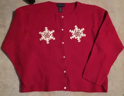 This is for a Vintage Grandma Ugly Christmas Office Party red button cardigan sweater with white sno...