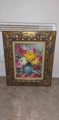 Beautiful vintage 16" BY 12" inside Flowers oil on canvas painti