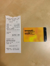 Solo Skydive $250 gift card Moose Jaw - Selling it for $200
