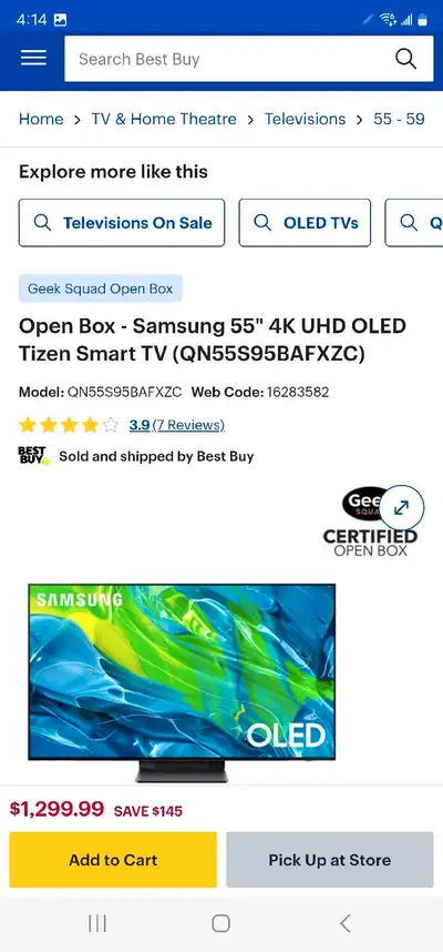 OLED TV SALE! Samsung 55" 4K UHD OLED Tizen Smart TV (S95B), View more