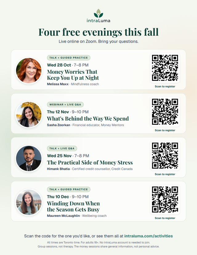 Free online sessions this fall: money stress and winding down