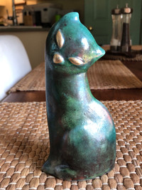 Vintage Iridescent Green Ceramic Cat With Gold Eyes & Nose