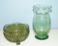 VINTAGE GREEN VASE AND CANDY DISH