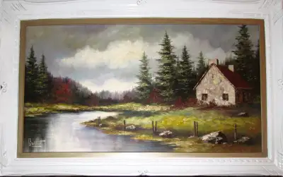 Yvon Bousquet 1923-1997. Acrylique 48'' x 24'' Maison près de la rivière. Valeur de 2500 $. À vous,...
