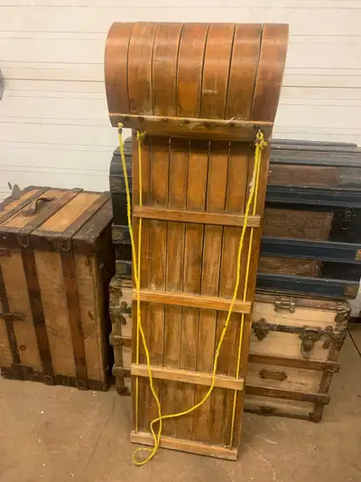 Vintage wooden toboggan sled. , View more