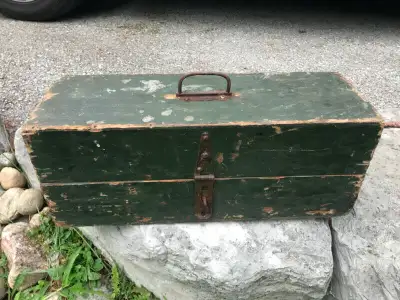 VINTAGE WOODEN FISHING TACKLE BOX / TOOL BOX, View more