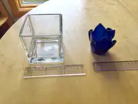 2 Tea Candle Holder Glass Cube and Blue Flame Candles