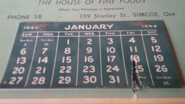 1946 Calendar: Beemer's Grocery, House of Fine Foods, Simcoe in Arts & Collectibles in Stratford - Image 3