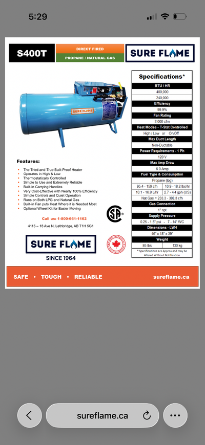 2023 Sureflame S400T 400,000 BTU construction heater. Can be used with propane or natural gas. Therm...