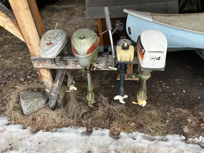 4 outboard motors. Johnson 4 horse approx 1974. Johnson 2.5 hp vintage, Yamaha 1.5 HP vintage, Hiawa...