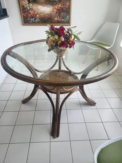 Bamboo glass round table serves 4 people, and a Hexagon bamboo table Plus 4 bamboo chairs, natural,...