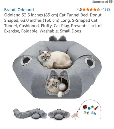 Odoland 33.5 inches (85 cm) Cat Tunnel Bed, Donut Shaped, 63.0 inches (160 cm) Long, S-Shaped Cat Tu...
